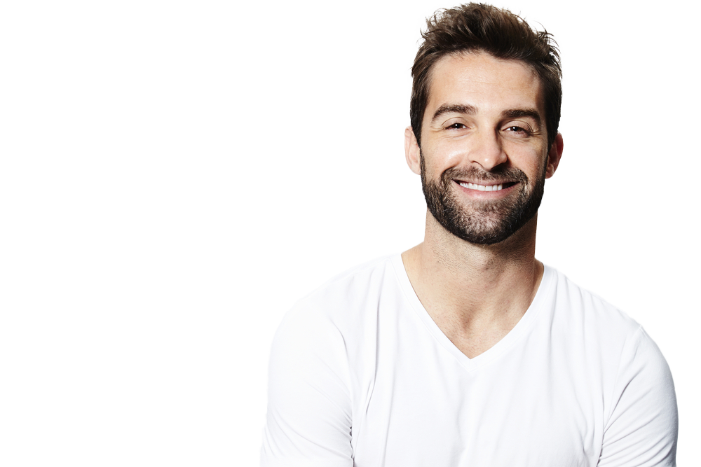 A man in a white v - neck shirt smiling.